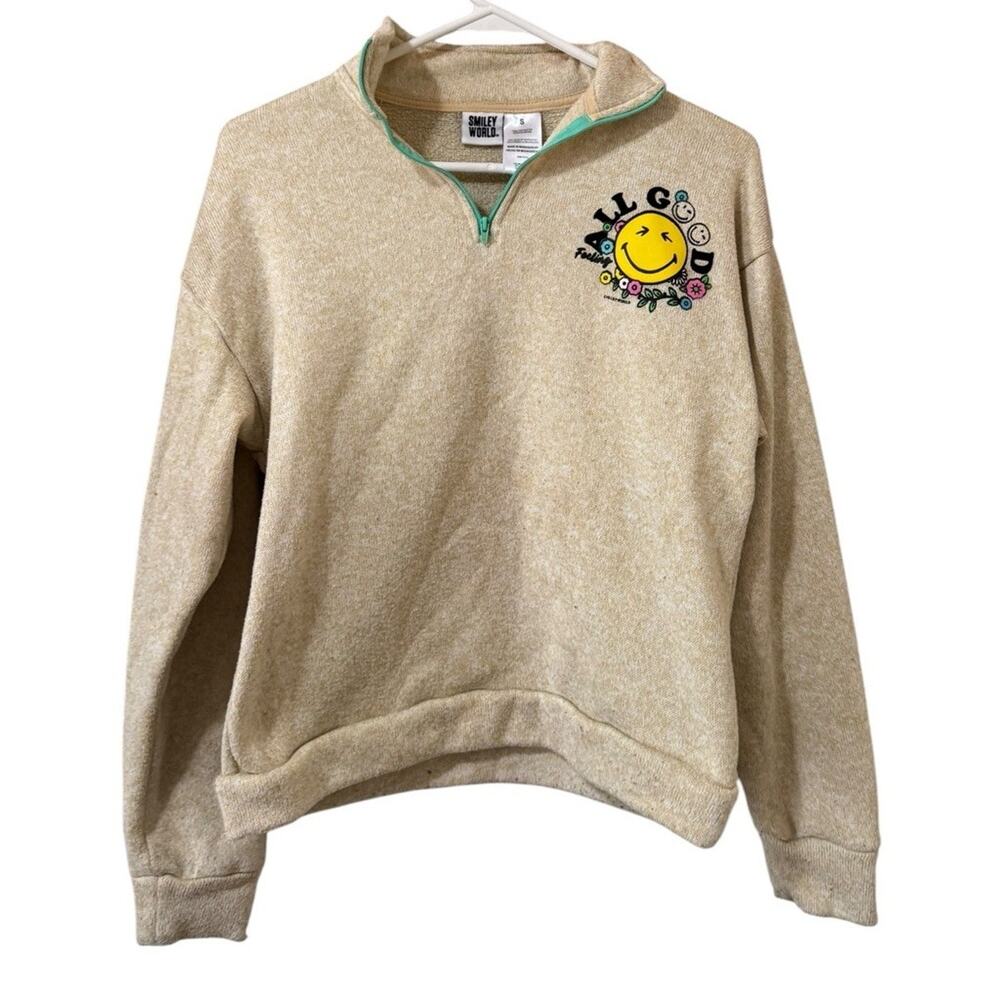 Smiley World Women Size Small Mock‎ Neck 1/4 Zip Long Sleeve Sweatshirt Hippie